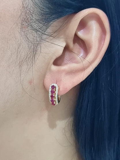 Ruby And Diamond Huggie Hoop Earrings In 18k Rose Gold.