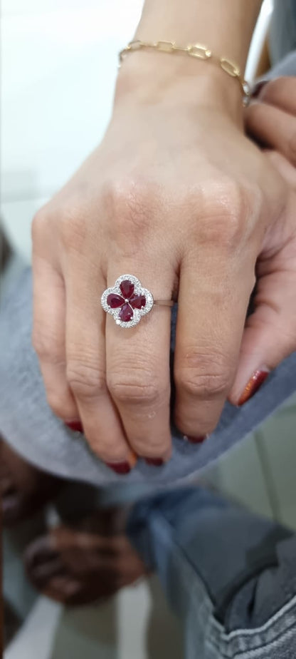 Flower Motif Ruby And Diamond Ring In 18k White Gold.