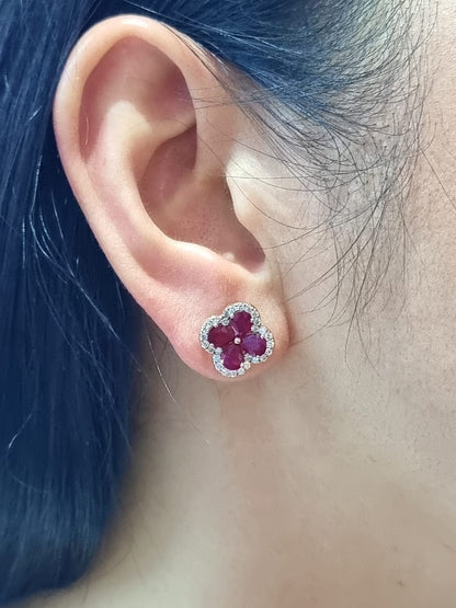 Flower Design Ruby And Diamond Stud Earrings In 18k Gold.