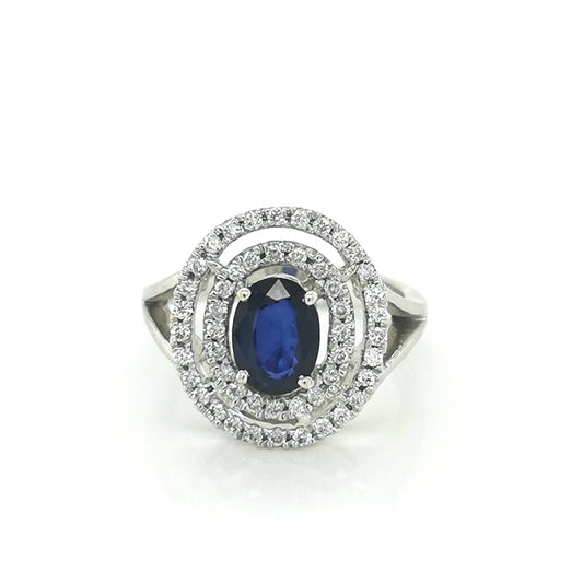Double Halo Blue Sapphire Diamond Ring Crafted By 18K White Gold