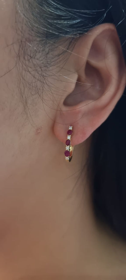 Ruby And Diamond Huggie Hoop Earrings In 18k Yellow Gold.