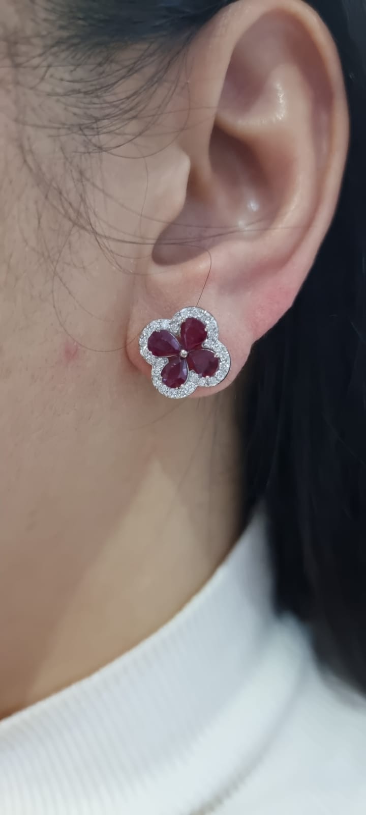 Flower Motif Ruby And Diamond Earrings In 18k White Gold.