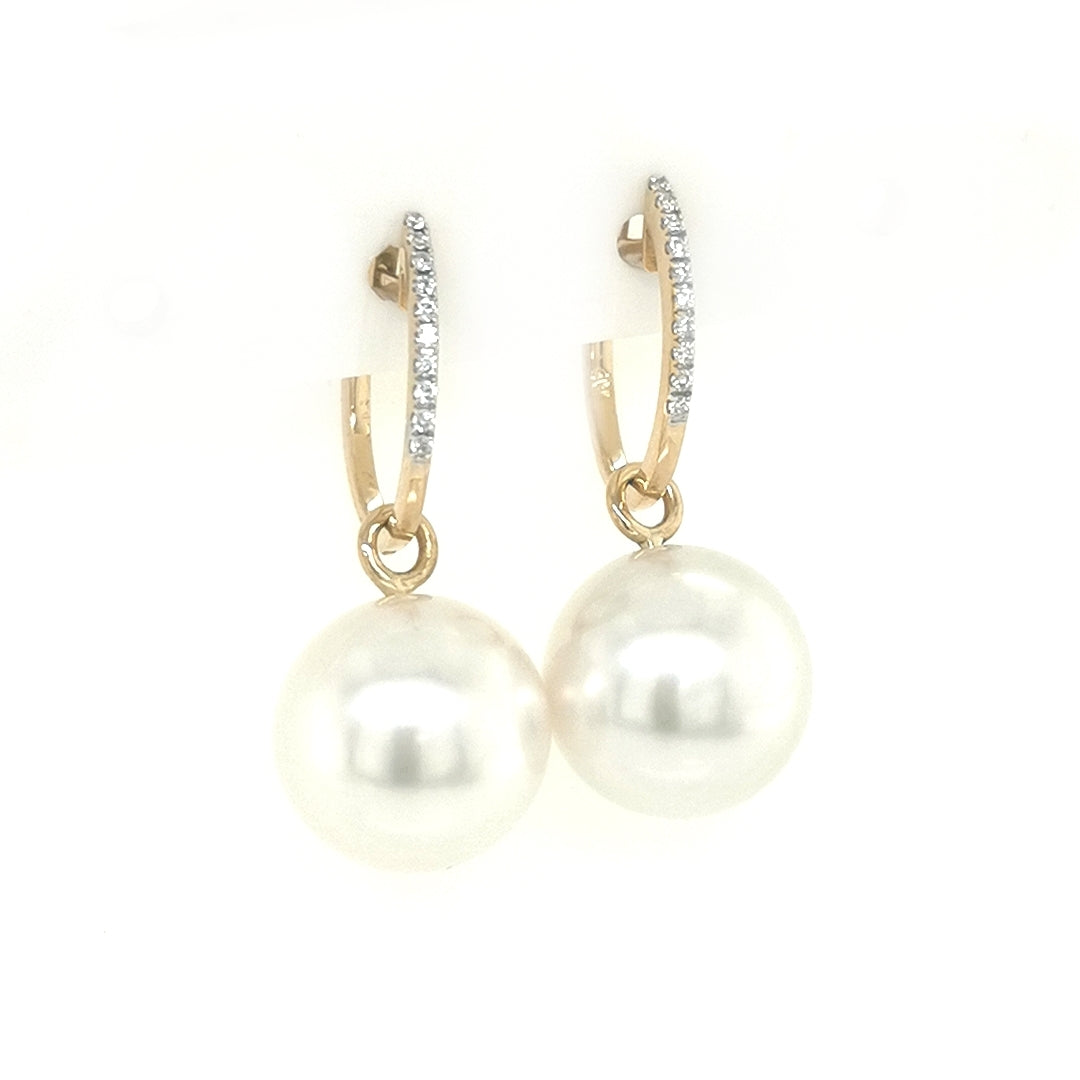 Dangling  White South Sea Pearl And Diamond Earrings In 18 Yellow Gold.
