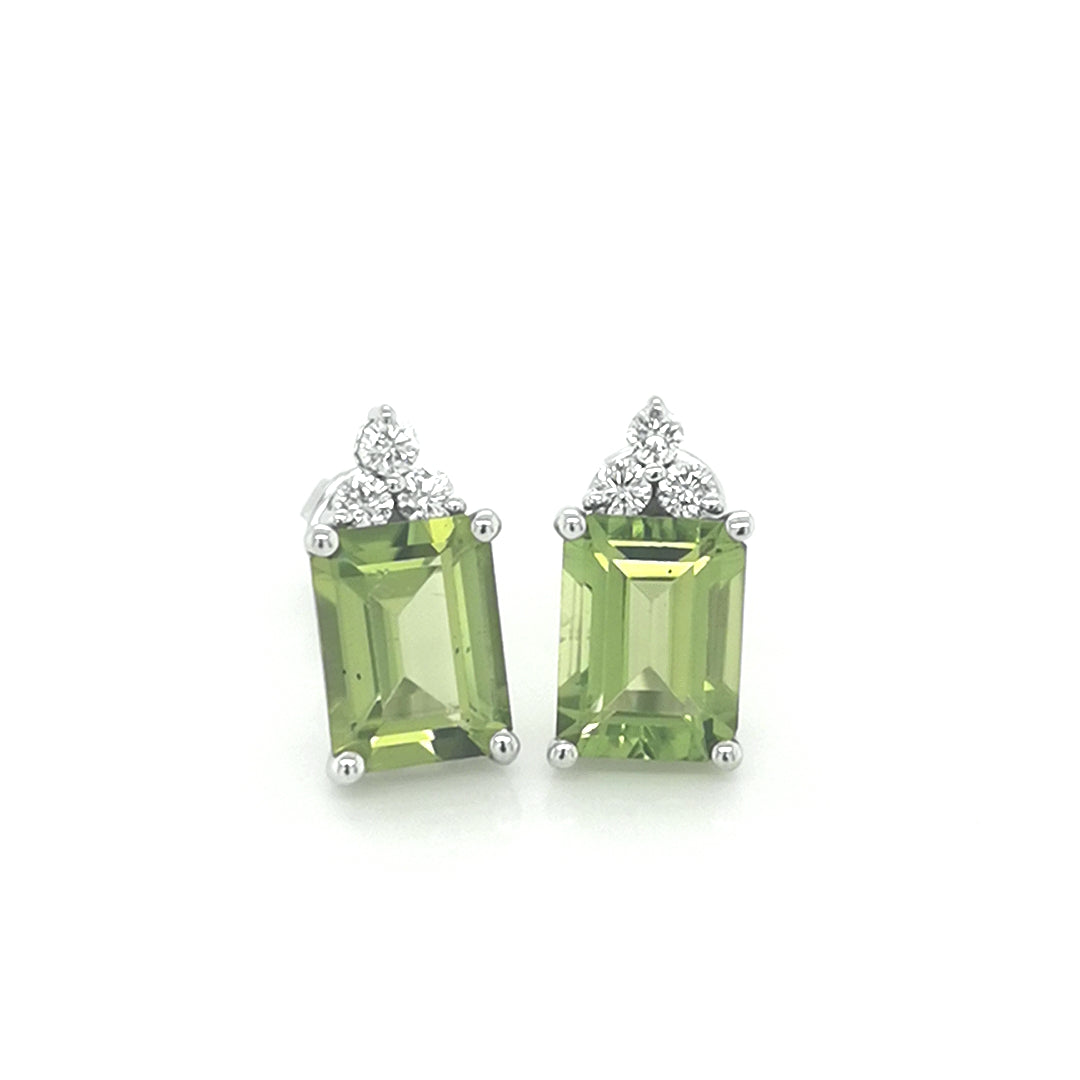 Emerald Cut Peridot And Diamond Earrings In 18k White Gold.