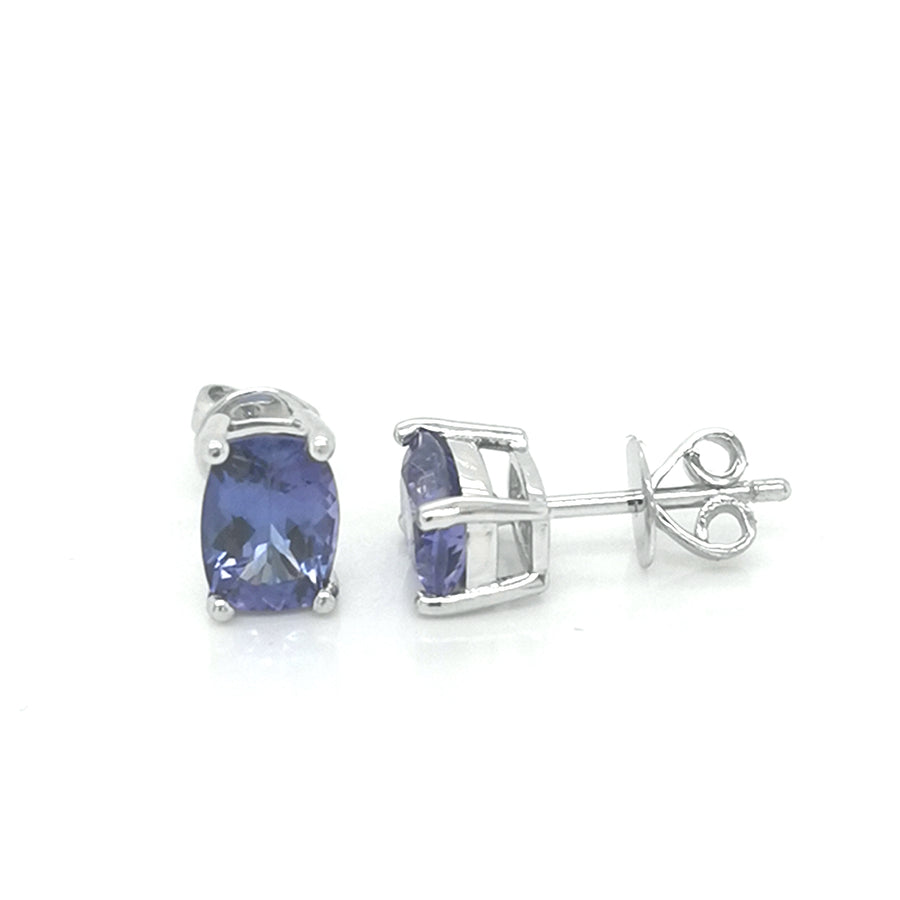 Cushion Cut Tanzanite Stud Earrings In 18k White Gold.
