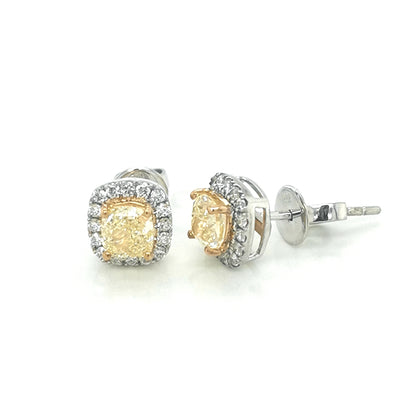 Fancy Yellow Diamond Earrings In 18k White Gold.