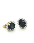 Sapphire With Diamond Halo Earrings In 18k Yellow Gold.