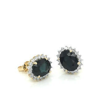 Sapphire With Diamond Halo Earrings In 18k Yellow Gold.