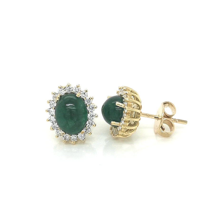 Cabochon Emerald Stud Earrings With Diamond Halo In 18k Yellow Gold.