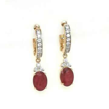 Dangling Rubies From Diamond Huggies, Earrings In 18k Yellow Gold.