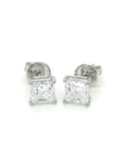 Solitaire Princess Cut Diamond Earrings In 18k White Gold.