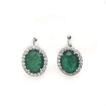 Emerald And Diamond Halo Earrings In 18k White Gold.
