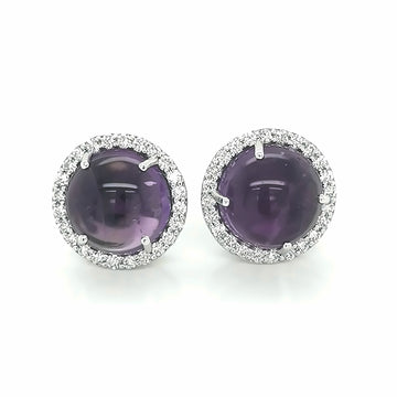 Cabochon Amethyst And Diamond Halo Stud Earrings In 18k White Gold.