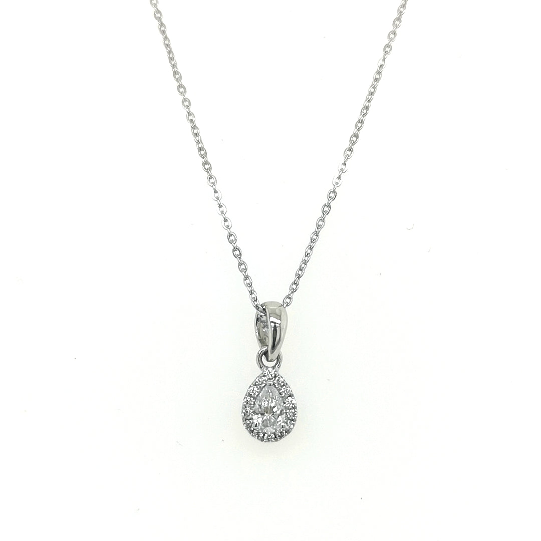 Pear Shape Solitaire Diamond Pendant In 18k White Gold.