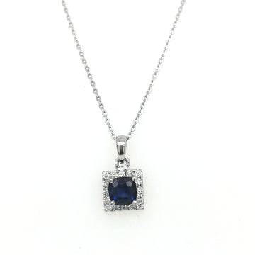 Halo Sapphire And Diamond Pendant In 18k White Gold.