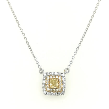 Fancy Yellow Diamond And White Diamond Pendant In 18k White Gold With Chain.