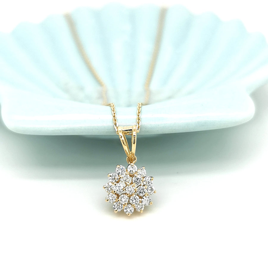 Floral Motif Diamond Cluster Pendant In 18k Yellow Gold.