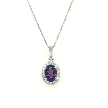 Oval Amethyst And Diamond Halo Pendant In 18k White Gold.