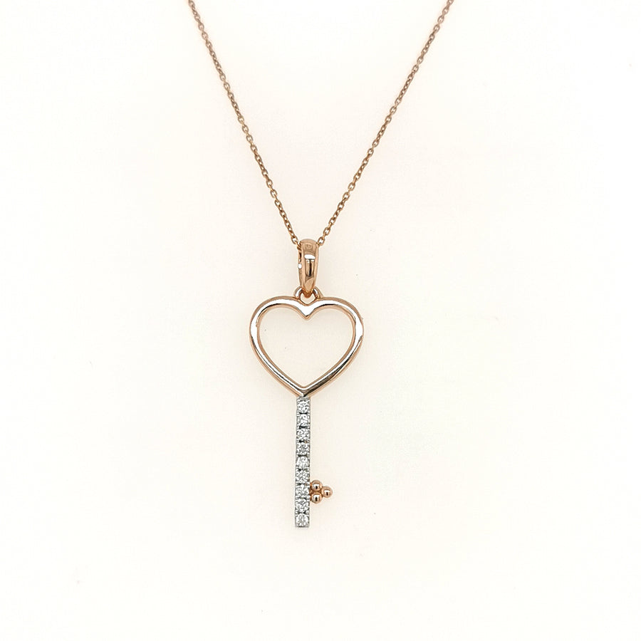 Heart Key Diamond Pendant In 18k Rose Gold.