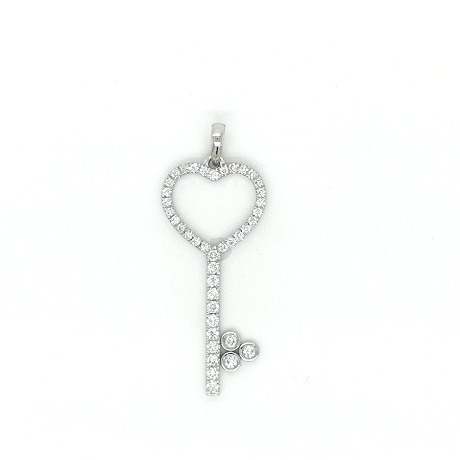 Diamond Heart Key Pendant In 18k White Gold.