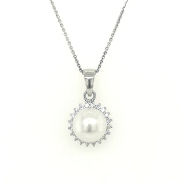 Fresh Water White Pearl And Diamond Pendant In 18k White Gold.