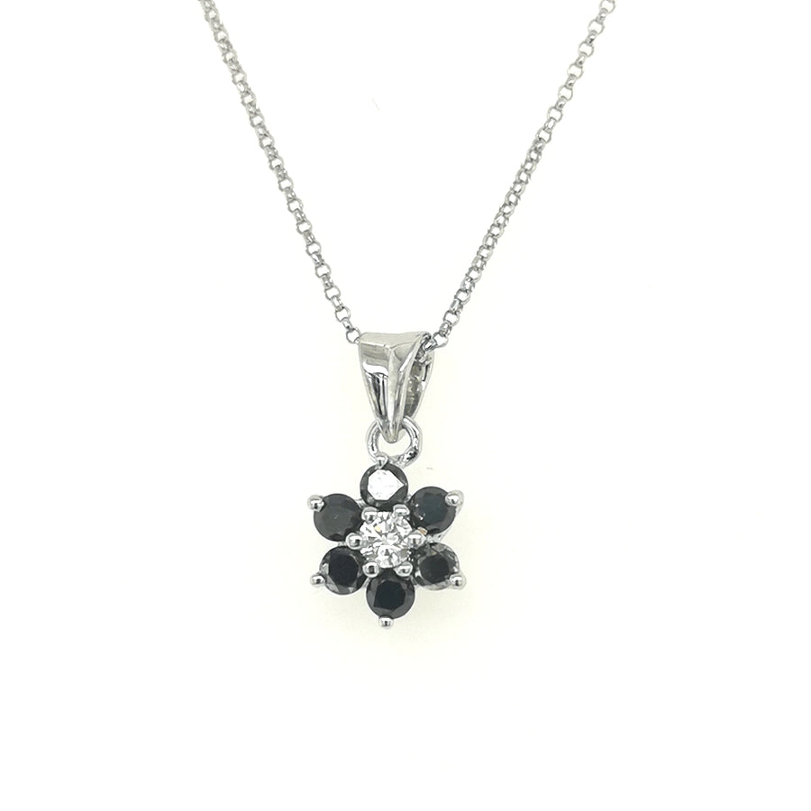 Floral Design Black Diamond Pendant In 18k White Gold.