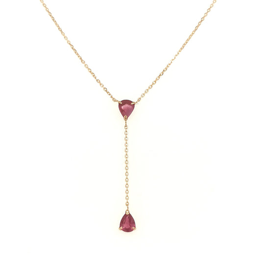 Pear Shaped Ruby Necklace In 18k Yellow Gold.