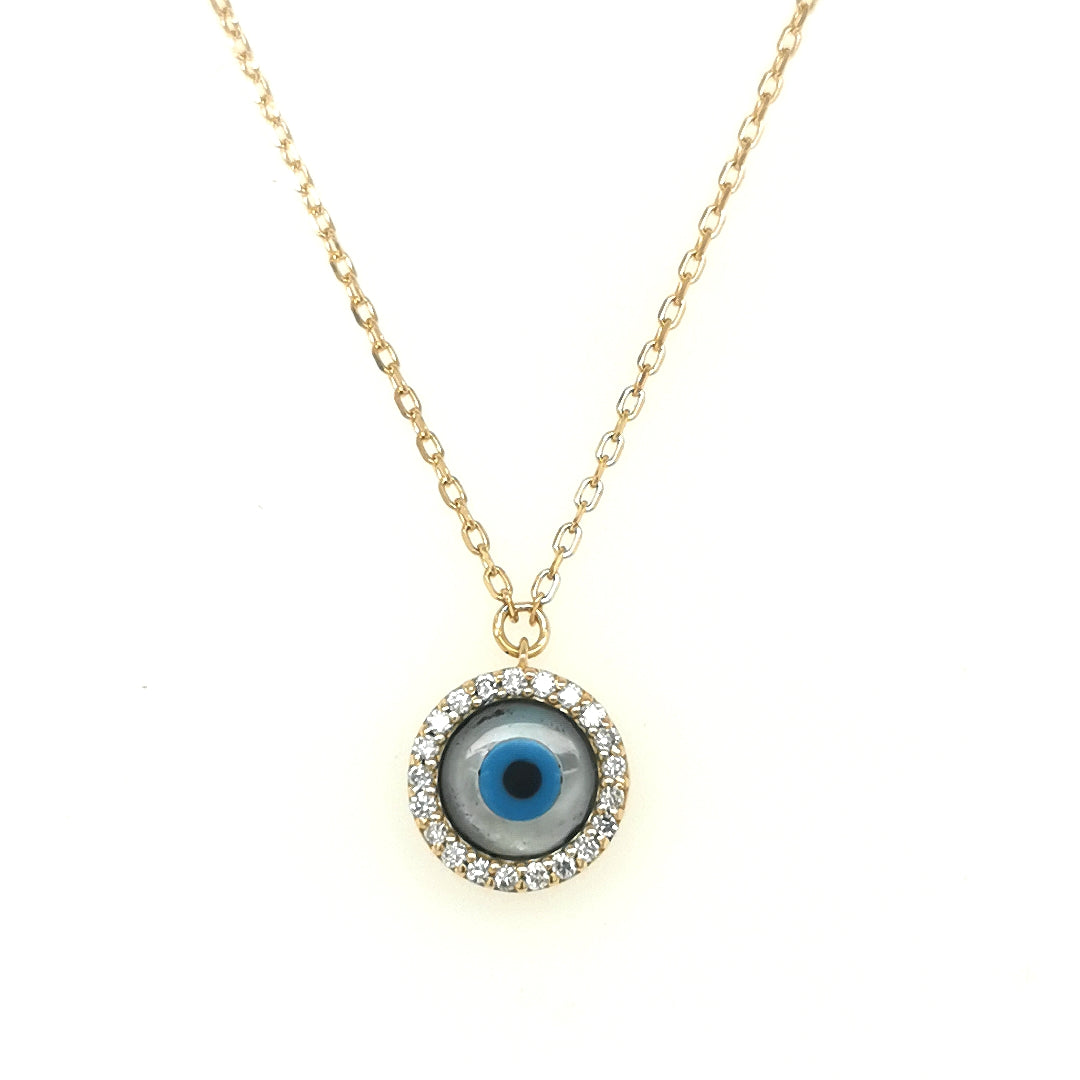 Evil Eye With Diamond Halo Pendant In 18k Yellow Gold With Chain.