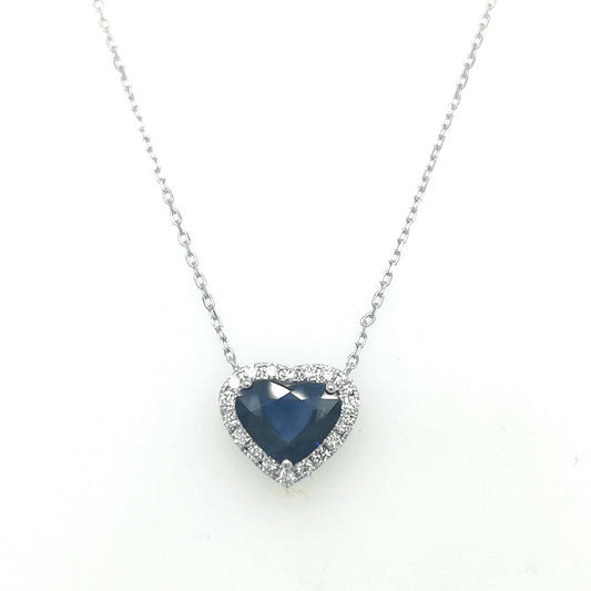 Heart Shaped Blue Sapphire With Diamond Halo Pendant In 18k White Gold.