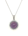 Cabochon Amethyst With A Diamond Halo Pendant In 18k White Gold.