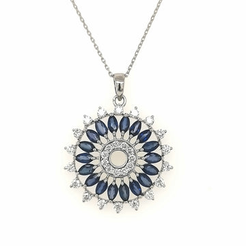 Mandala Design, Blue sapphire And Diamond Pendant In 18k White Gold.