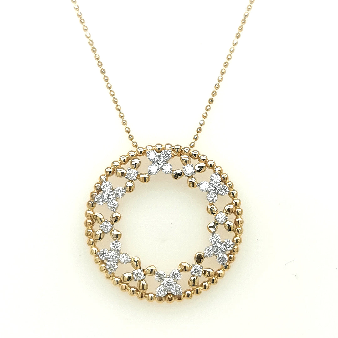 Flower Circle Diamond Pendant In 18k Yellow Gold.