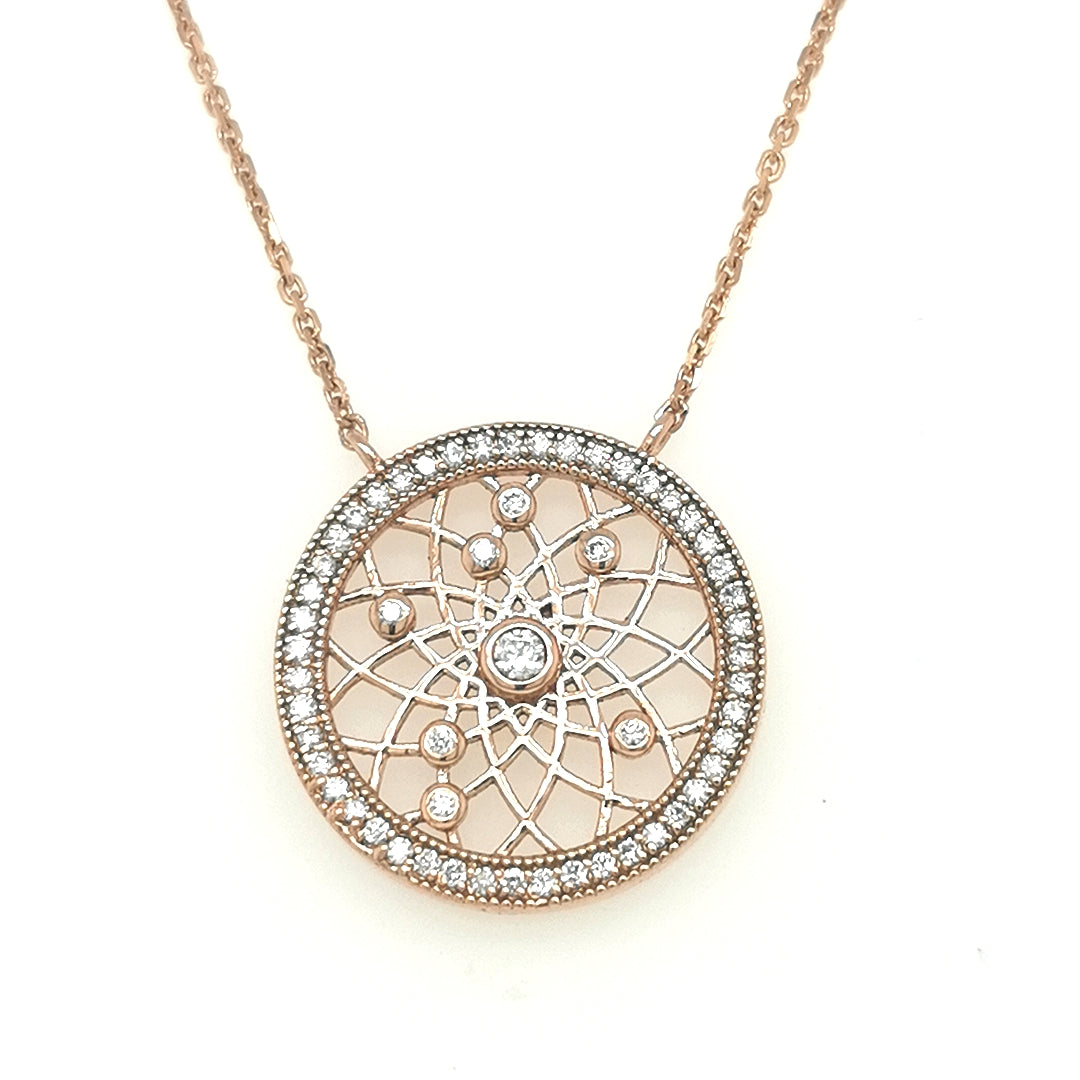 Dreamcatcher Diamond Pendant Necklace In 18k Rose Gold.